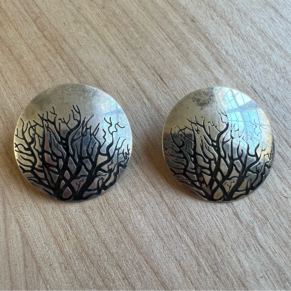 Artisan tree of life sterling silver disc button earrings on posts